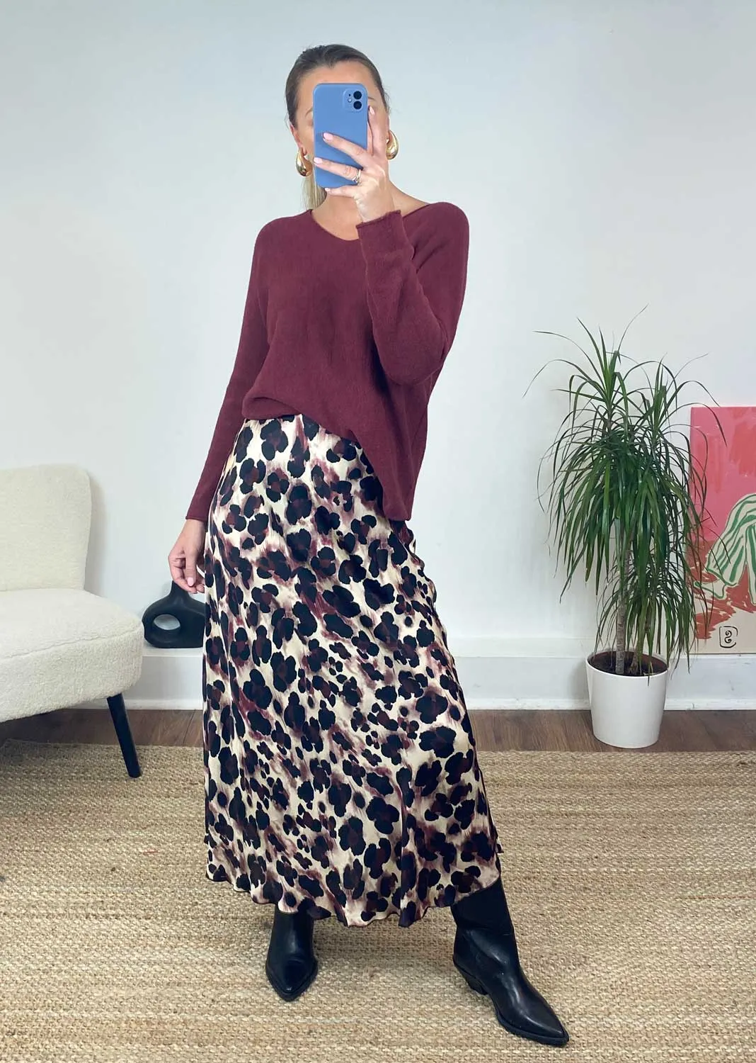 Kyra Silk Leopard Skirt in Burgundy