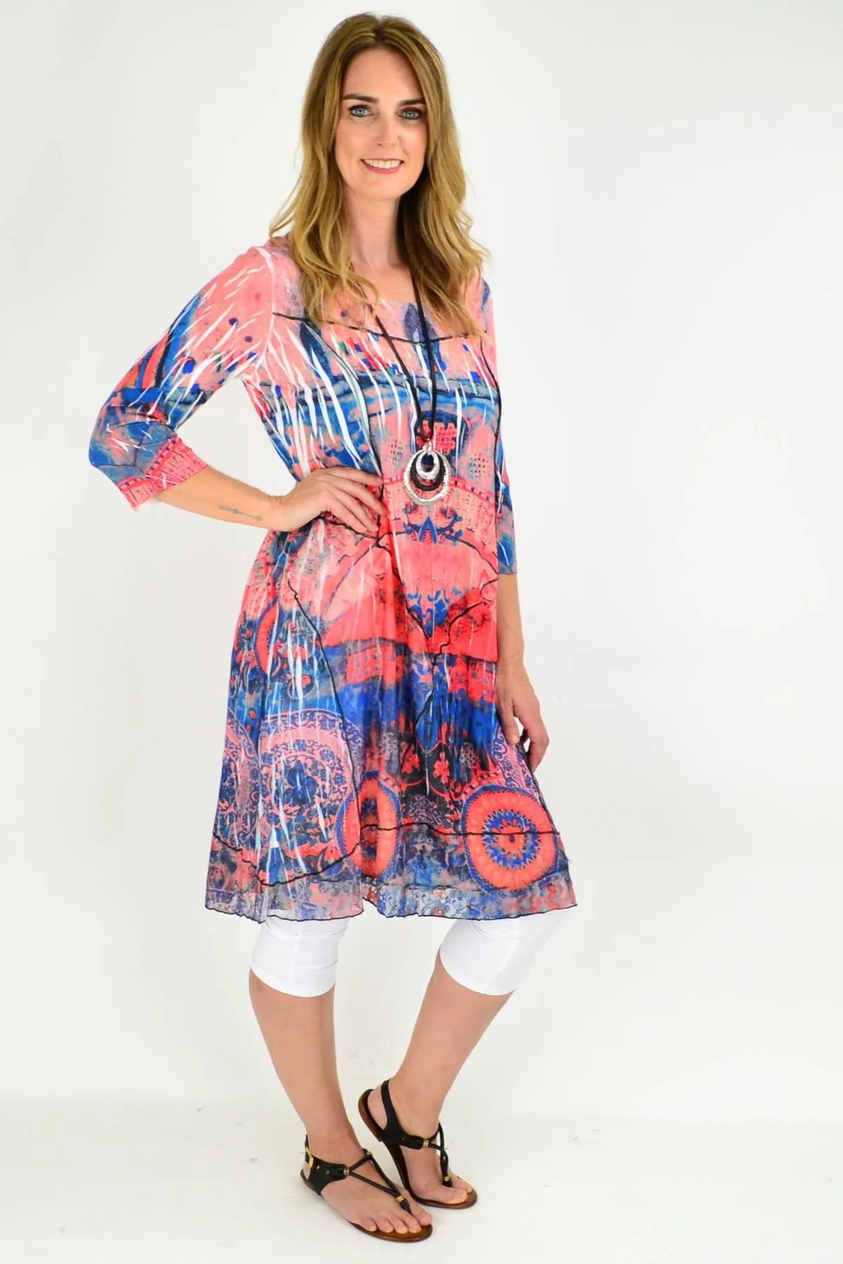 Long Peach Abstract Lace Trim Tunic Dress