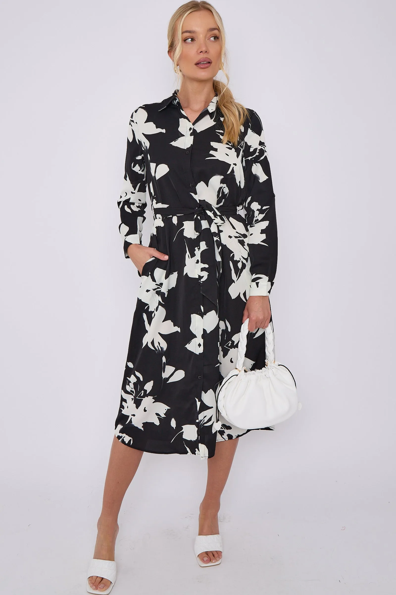 LOVE SUNSHINE Mono Floral Print Midi Shirt Dress