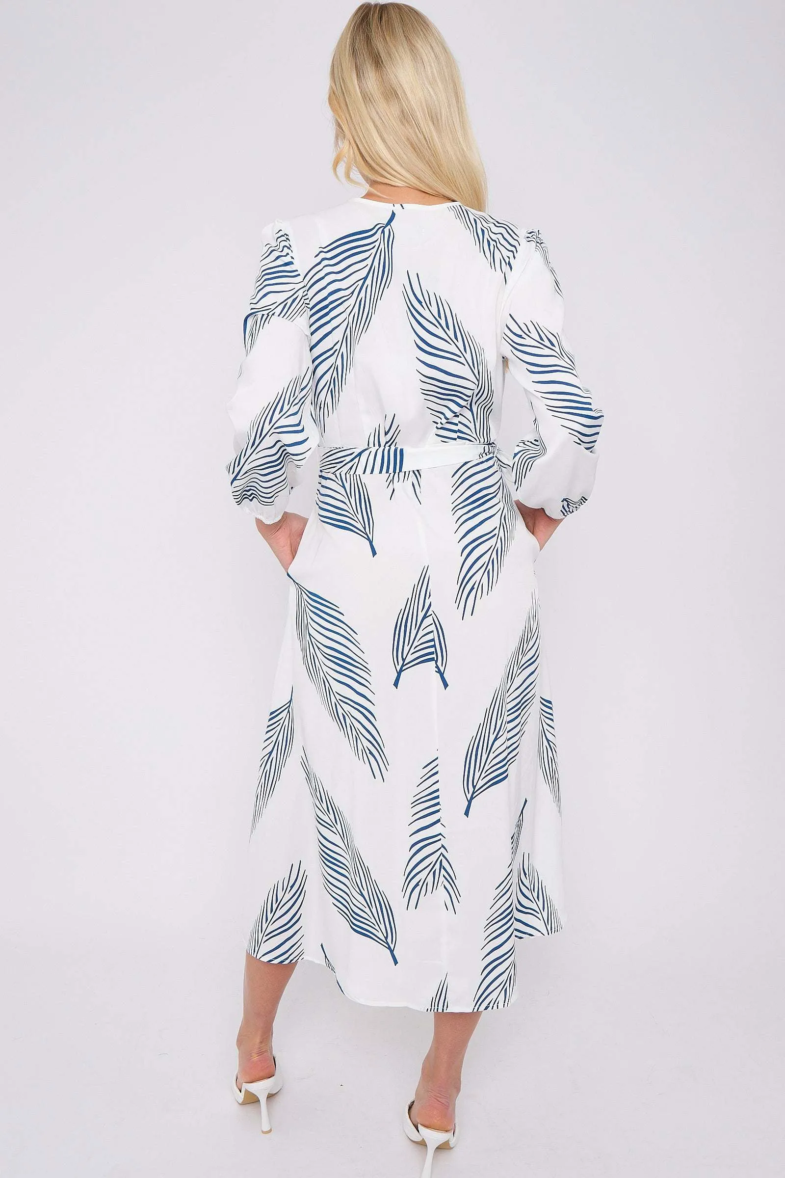 LOVE SUNSHINE White Plam Leaf Printed V Neck Midi Dress