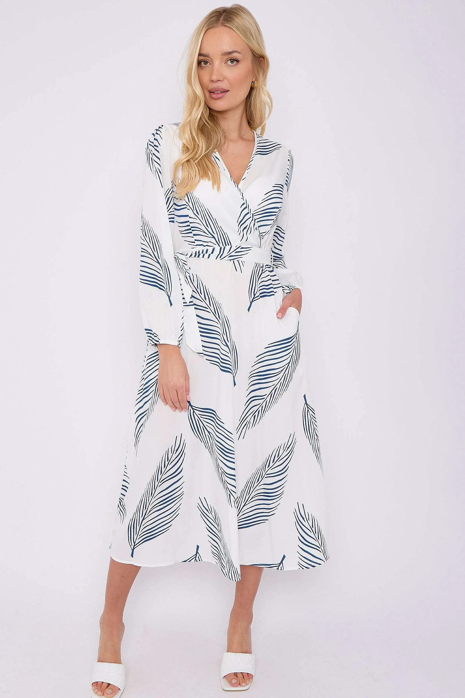 LOVE SUNSHINE White Plam Leaf Printed V Neck Midi Dress