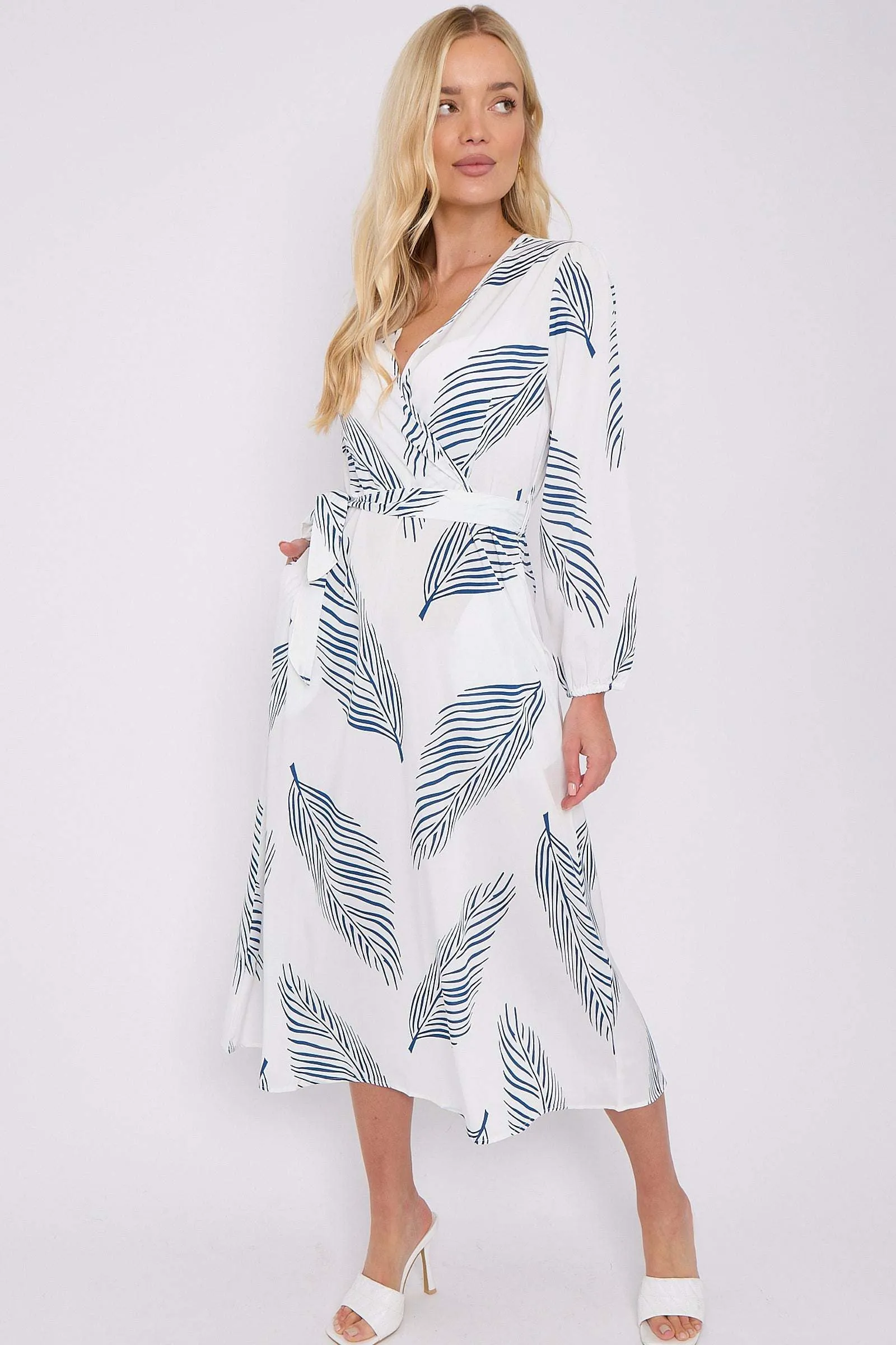 LOVE SUNSHINE White Plam Leaf Printed V Neck Midi Dress