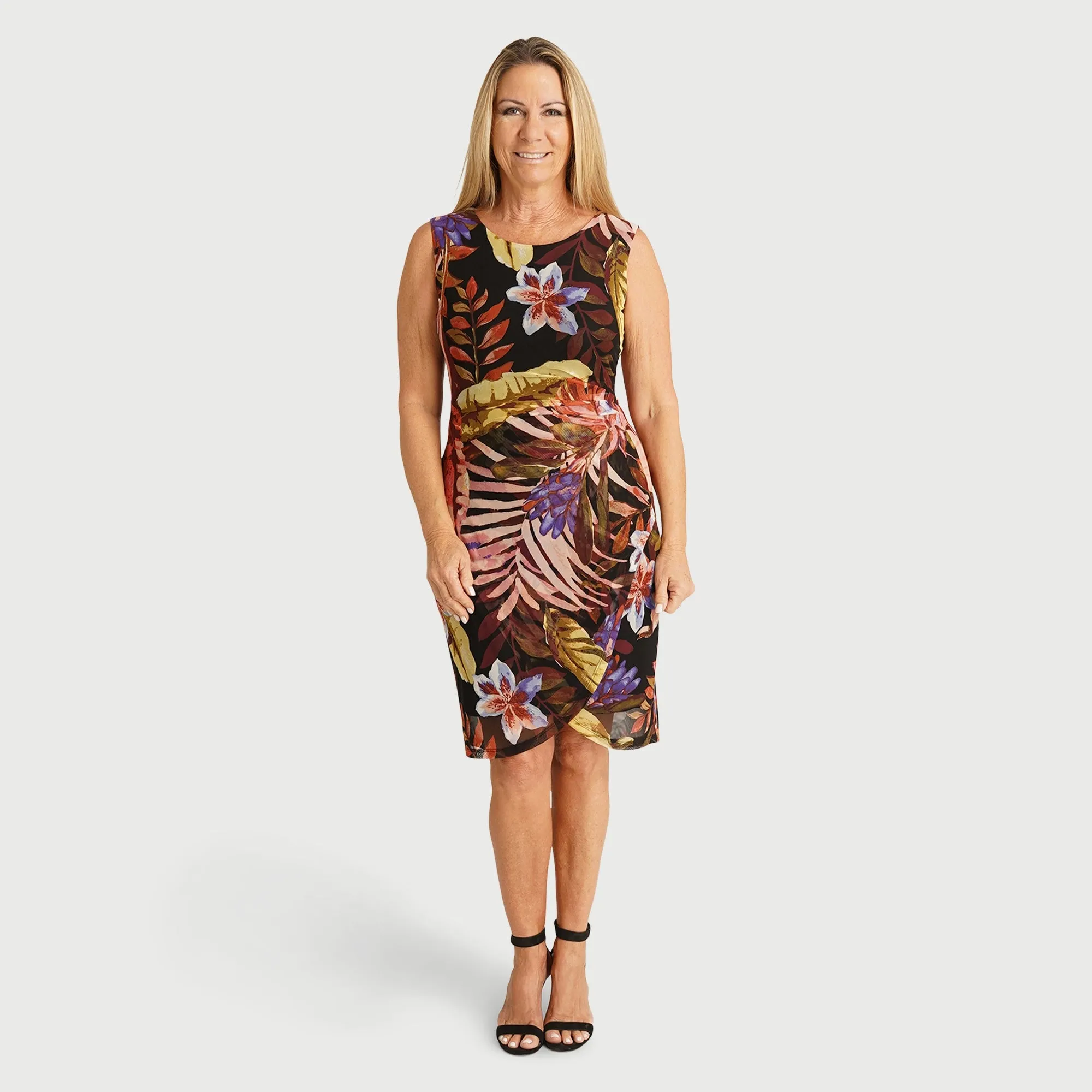 Mandy Wine Tropical Floral Mesh Sheath Dress