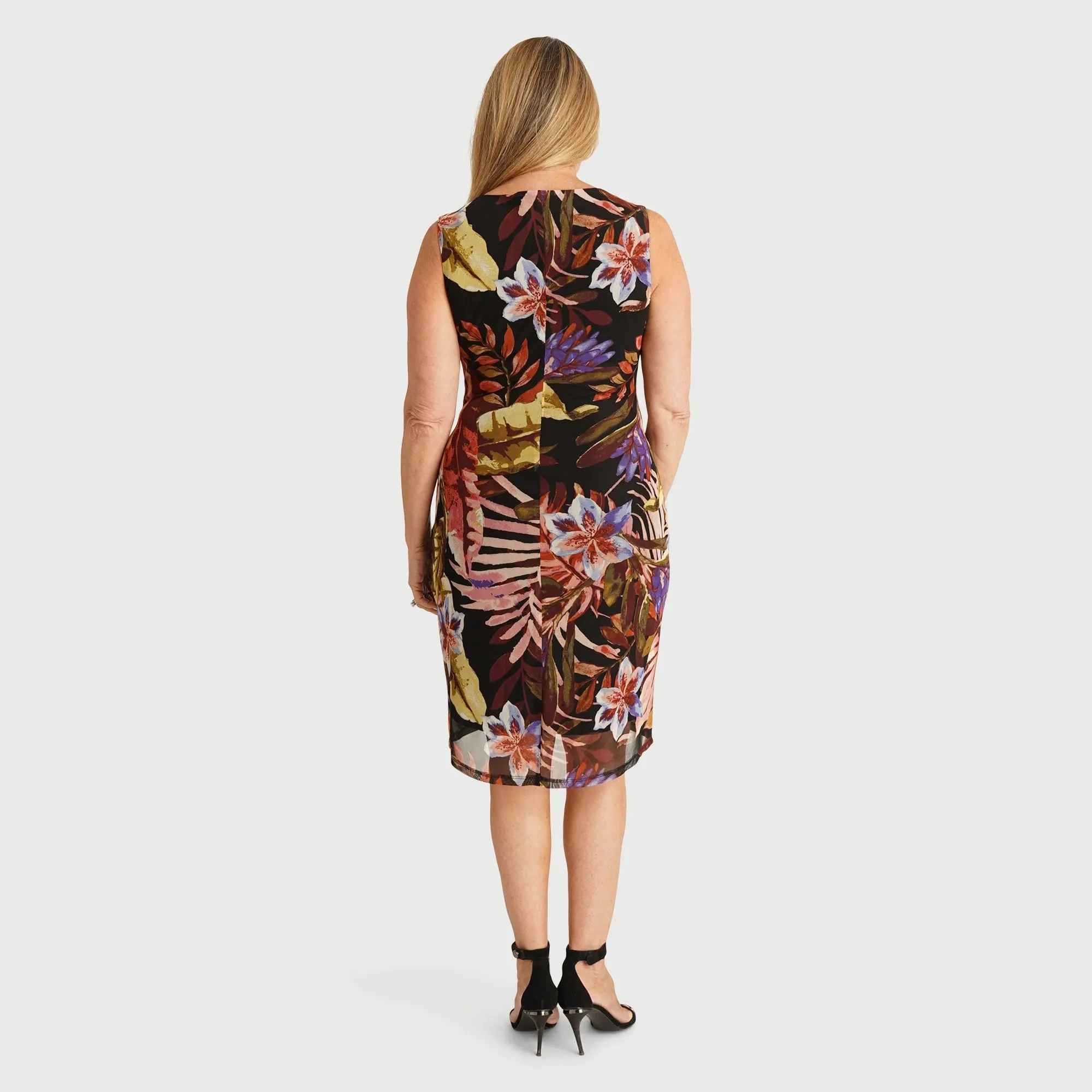 Mandy Wine Tropical Floral Mesh Sheath Dress