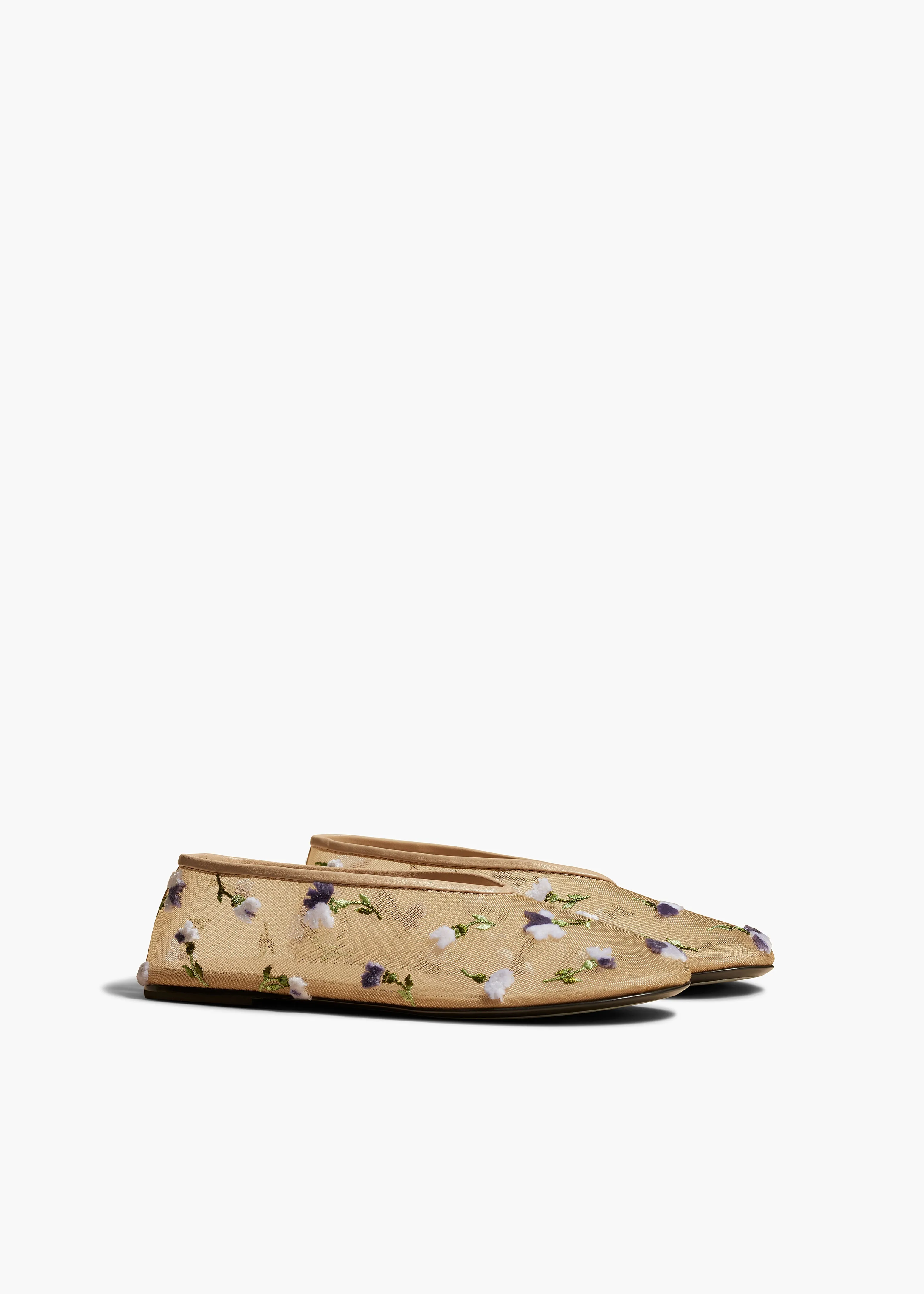 Marcy Flat in Beige Mesh with Purple Floral Embroidery