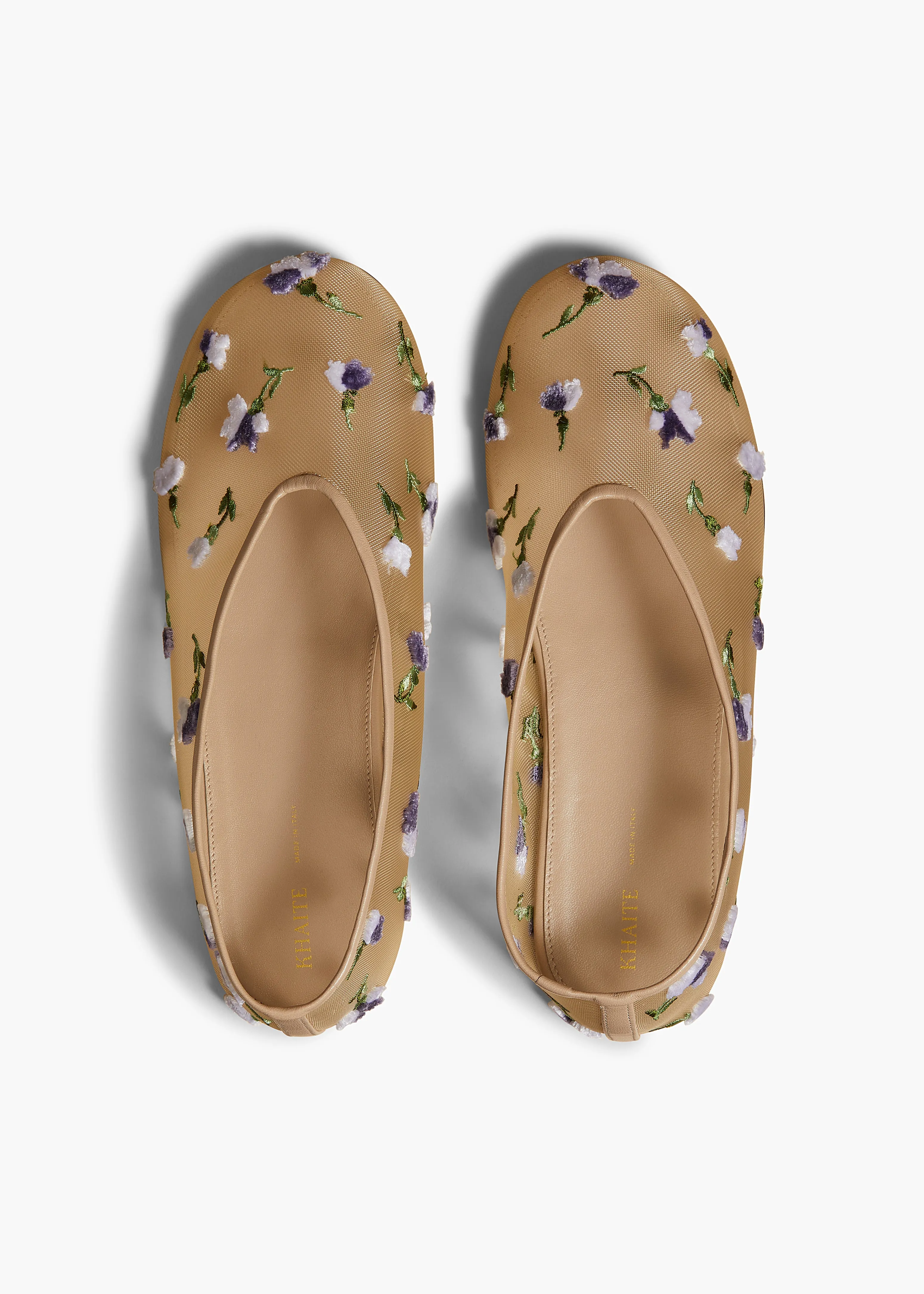 Marcy Flat in Beige Mesh with Purple Floral Embroidery