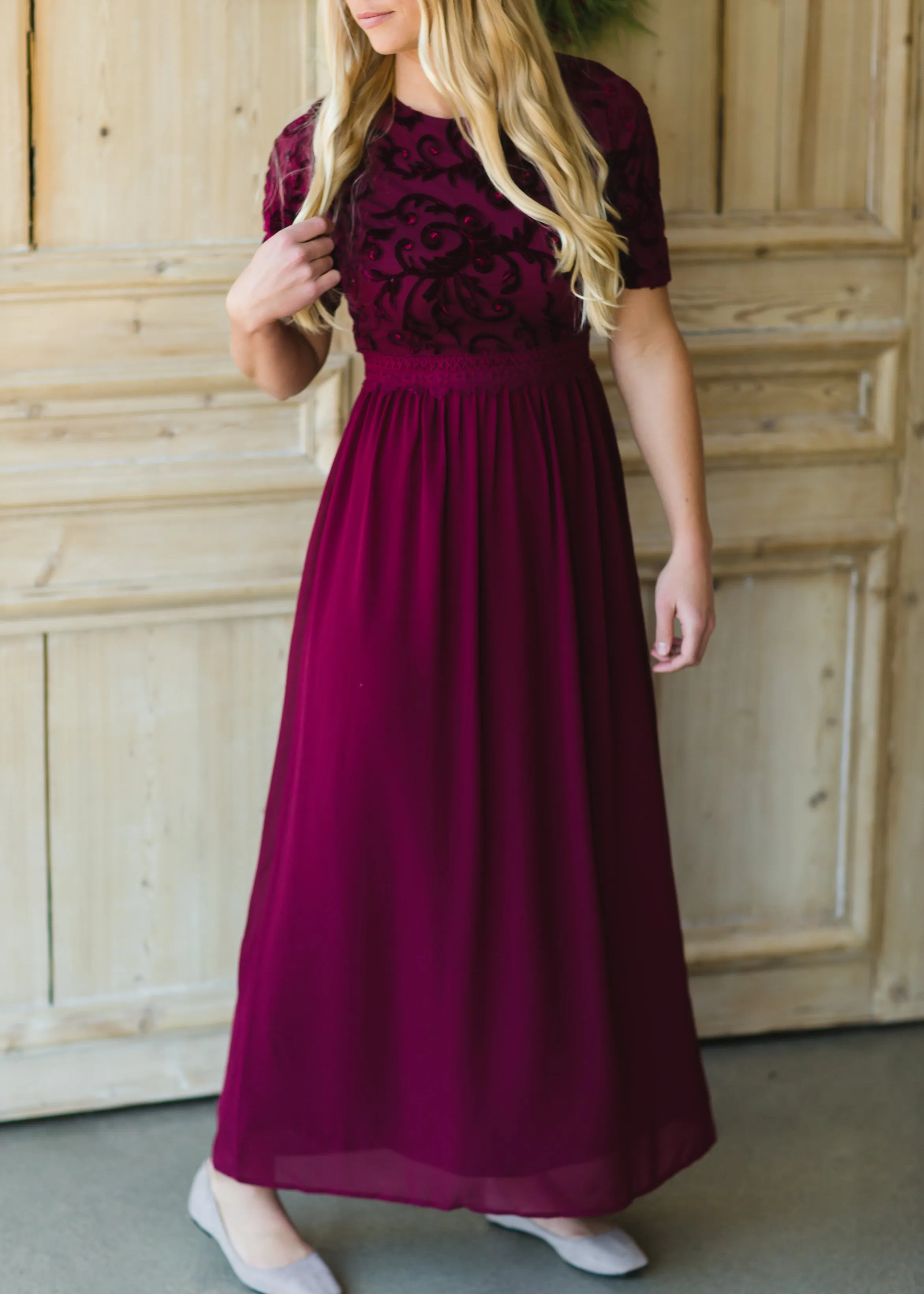 Maroon Velvet Lace Maxi Dress - FINAL SALE