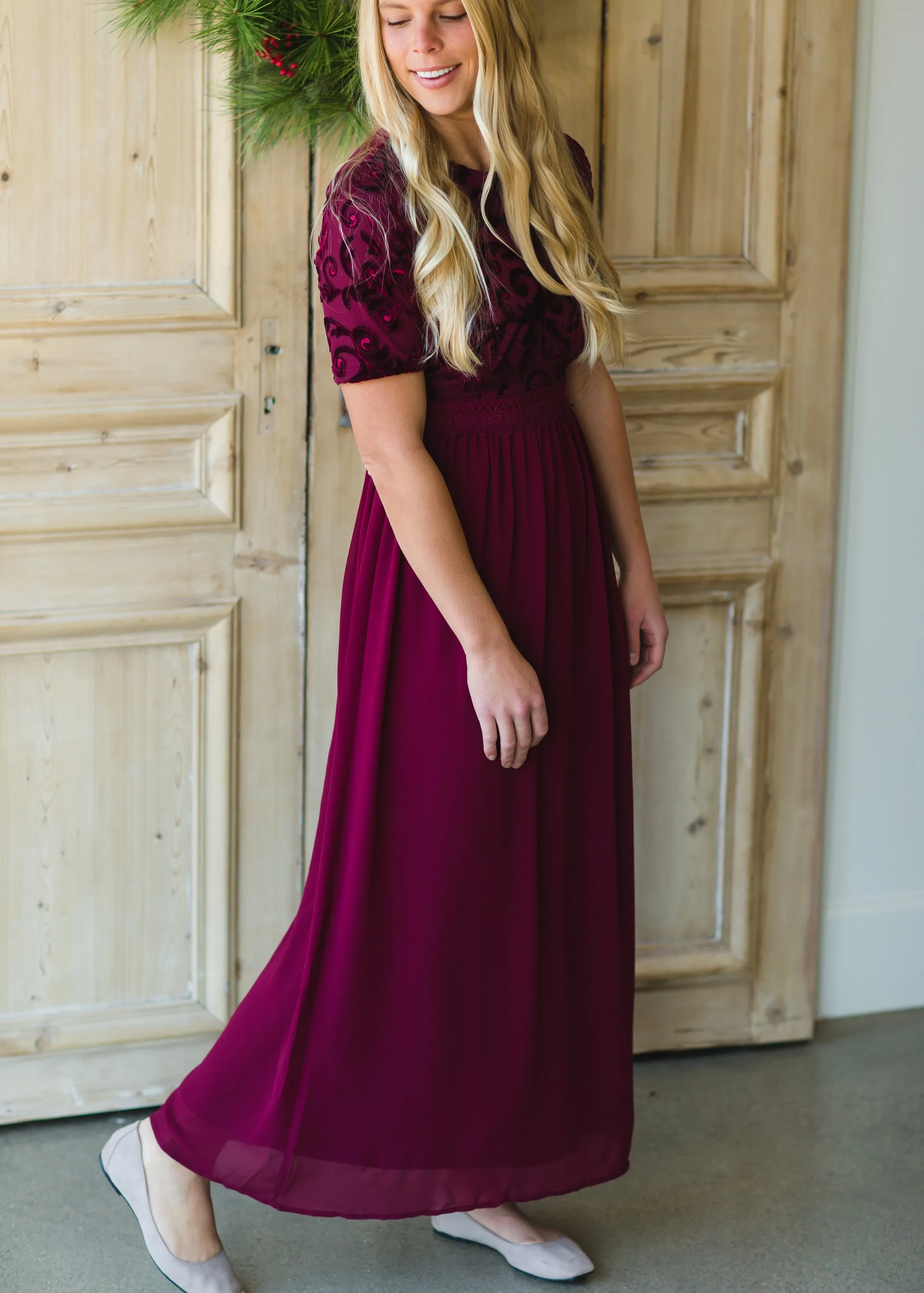 Maroon Velvet Lace Maxi Dress - FINAL SALE