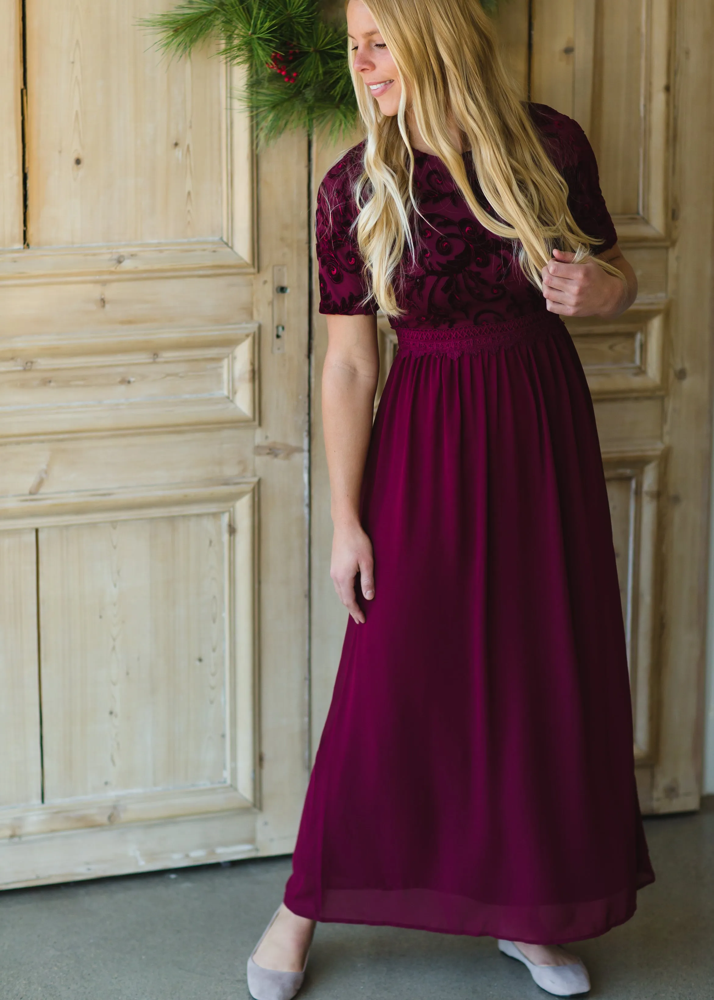 Maroon Velvet Lace Maxi Dress - FINAL SALE