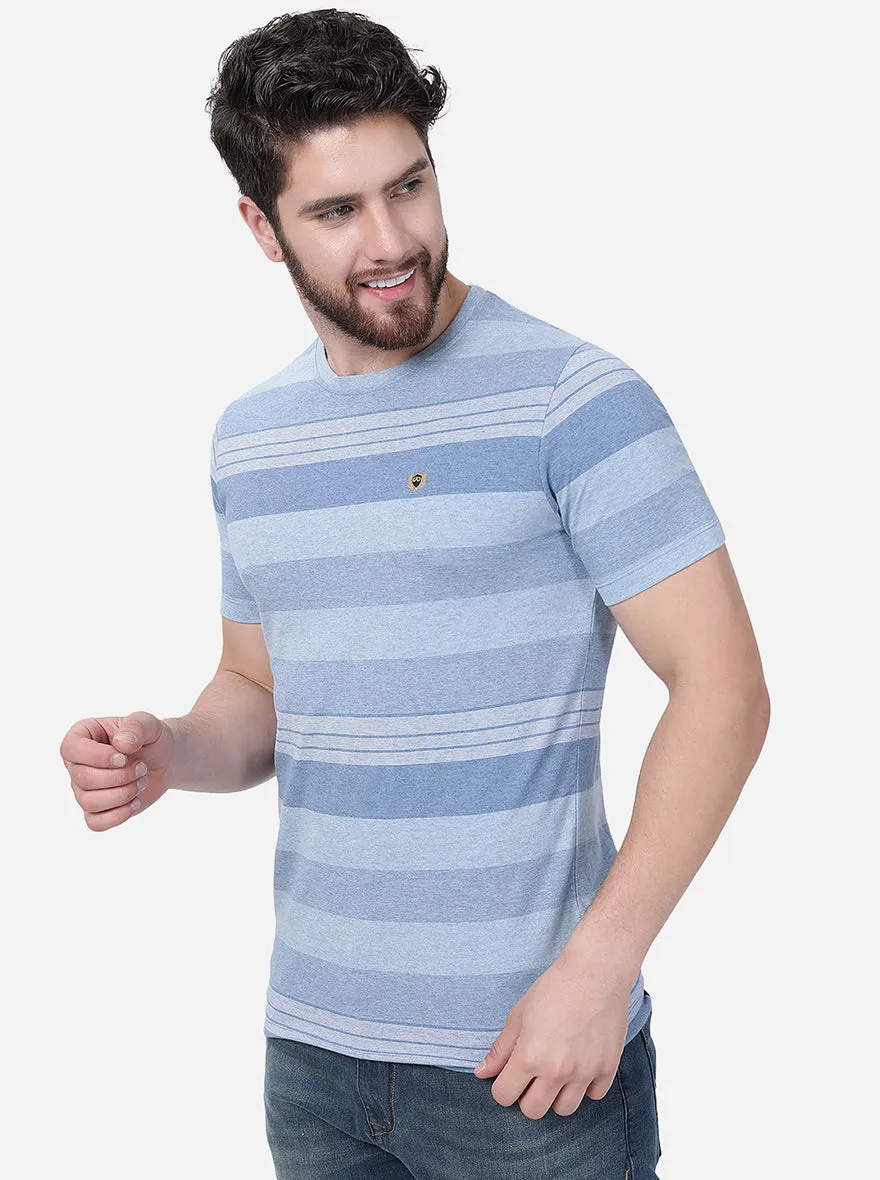 Melange Blue Striped Slim Fit T-Shirt | JadeBlue