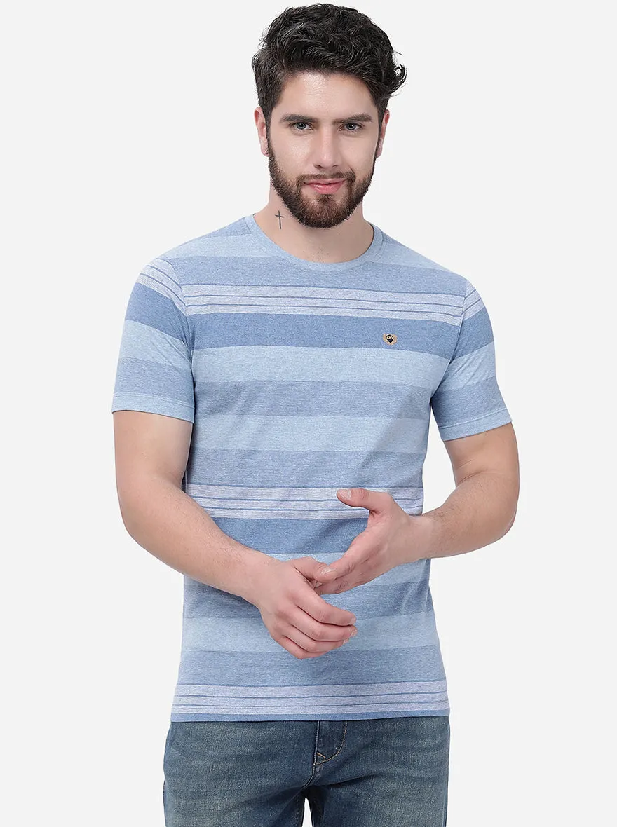 Melange Blue Striped Slim Fit T-Shirt | JadeBlue