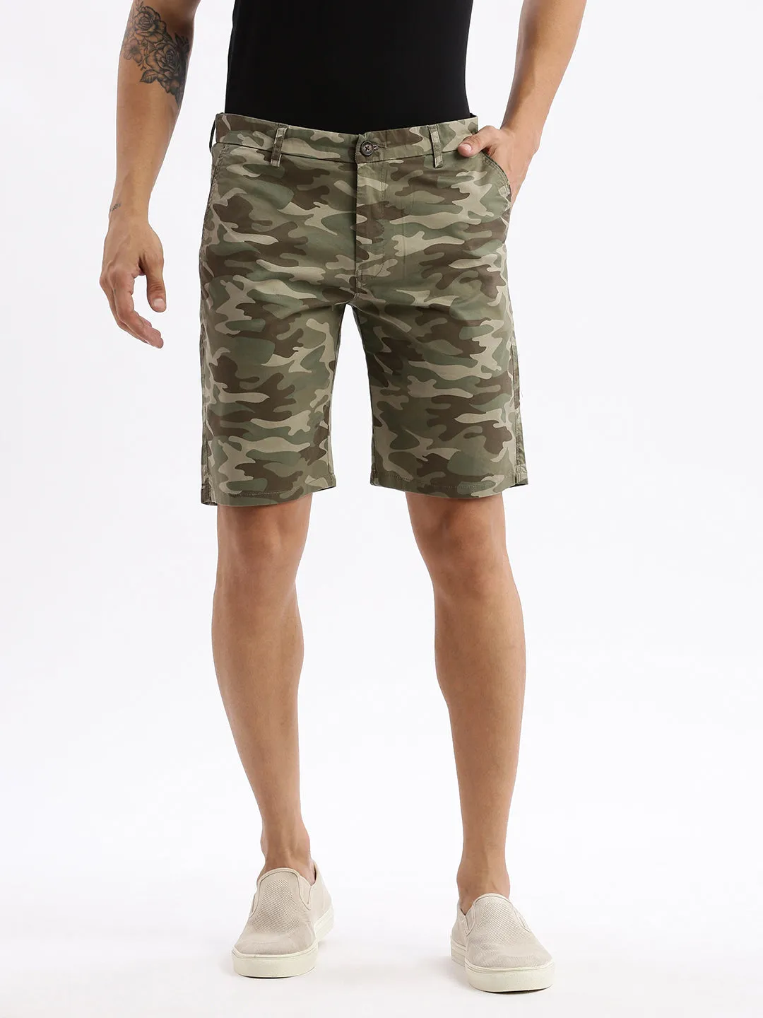 Men Camouflage Olive Cotton Shorts