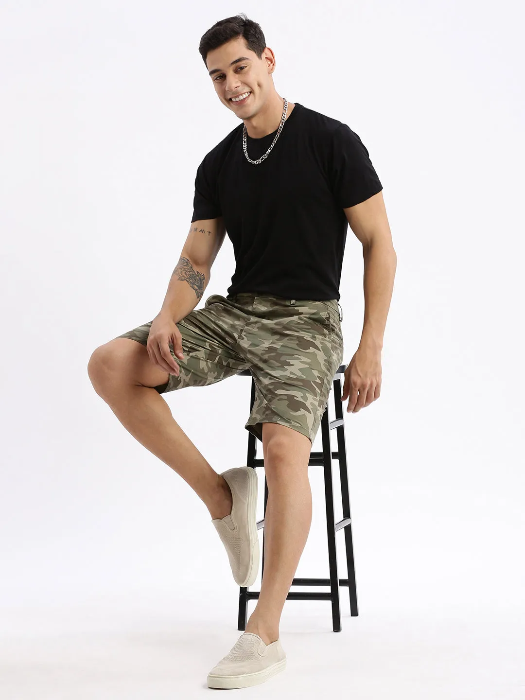 Men Camouflage Olive Cotton Shorts