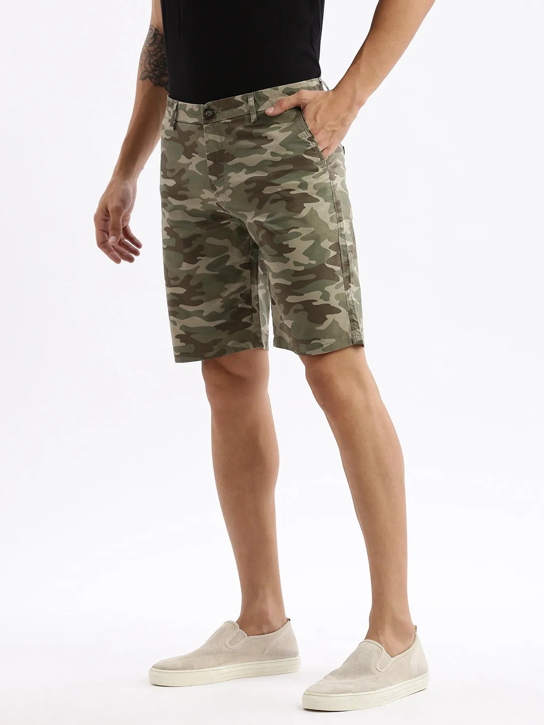 Men Camouflage Olive Cotton Shorts