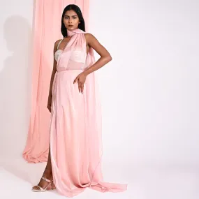 Metallic Peaches Pink Organza Wrap Saree Set