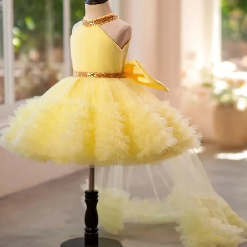 NEW girl's birthday party princess dress with train and neck TuTU dress tail can be removed