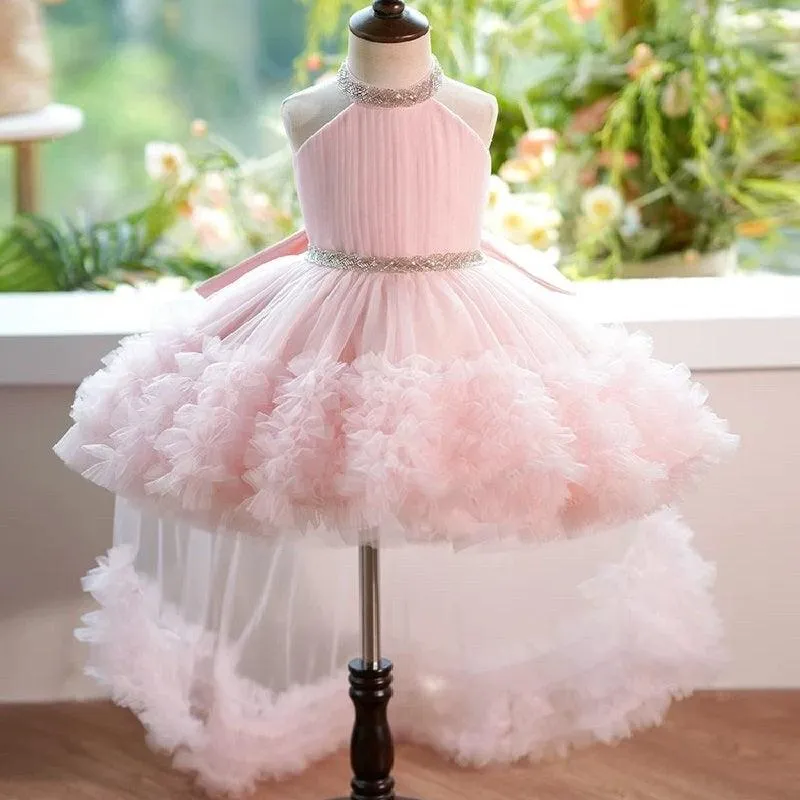 NEW girl's birthday party princess dress with train and neck TuTU dress tail can be removed