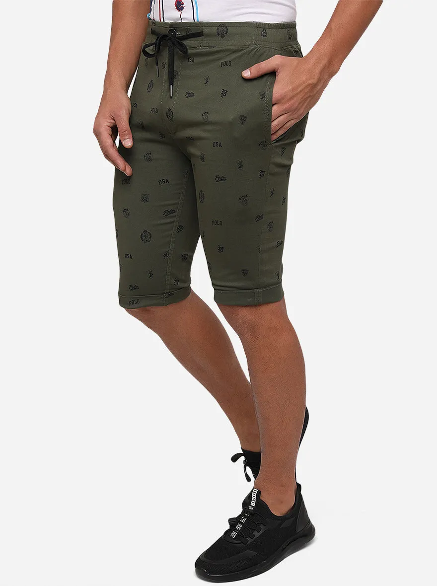 Olive Green Printed Slim Fit Capri | JadeBlue