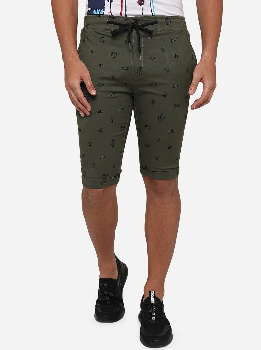 Olive Green Printed Slim Fit Capri | JadeBlue