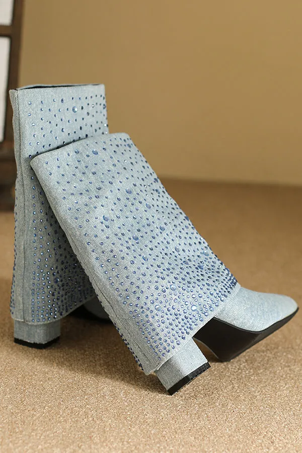 Pointed Toe Chunky Heel Rhinestone Denim Boots