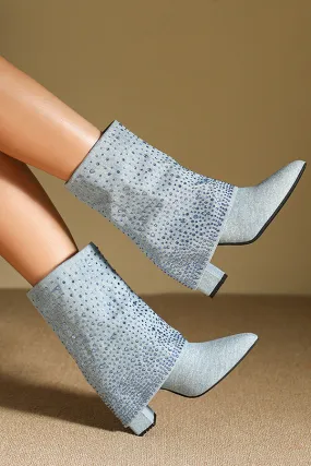 Pointed Toe Chunky Heel Rhinestone Denim Boots