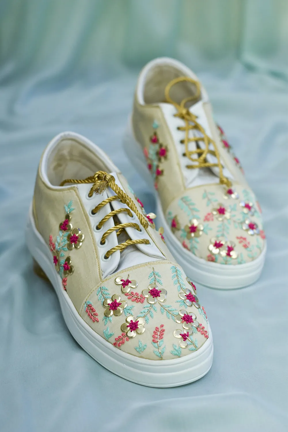 Poly Silk & Rexine Embroidered Gold Sneakers