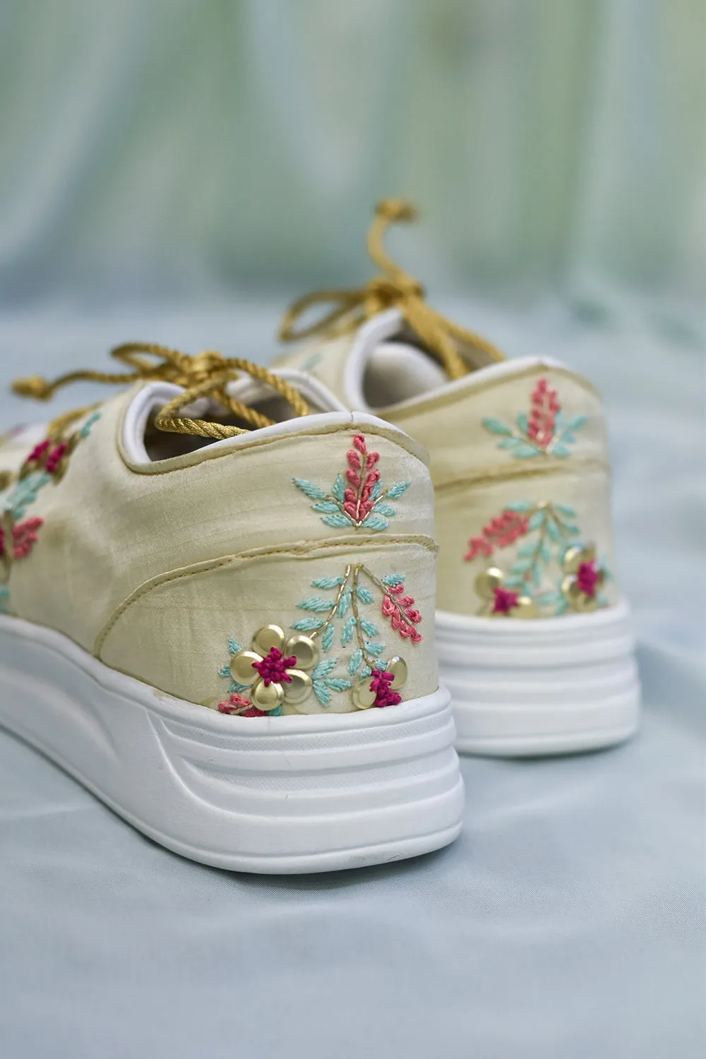 Poly Silk & Rexine Embroidered Gold Sneakers