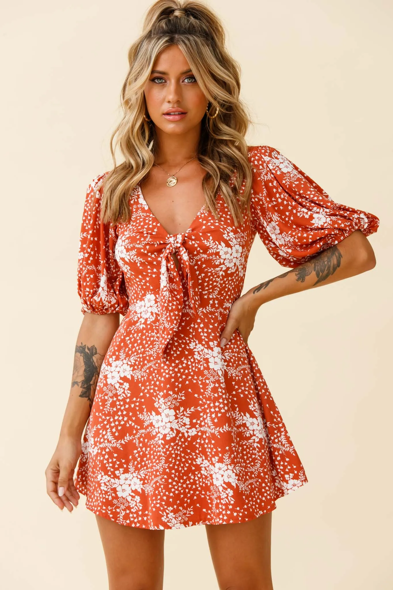 Portia Tied Bust Puff Sleeve Dress Flower Pattern Rust