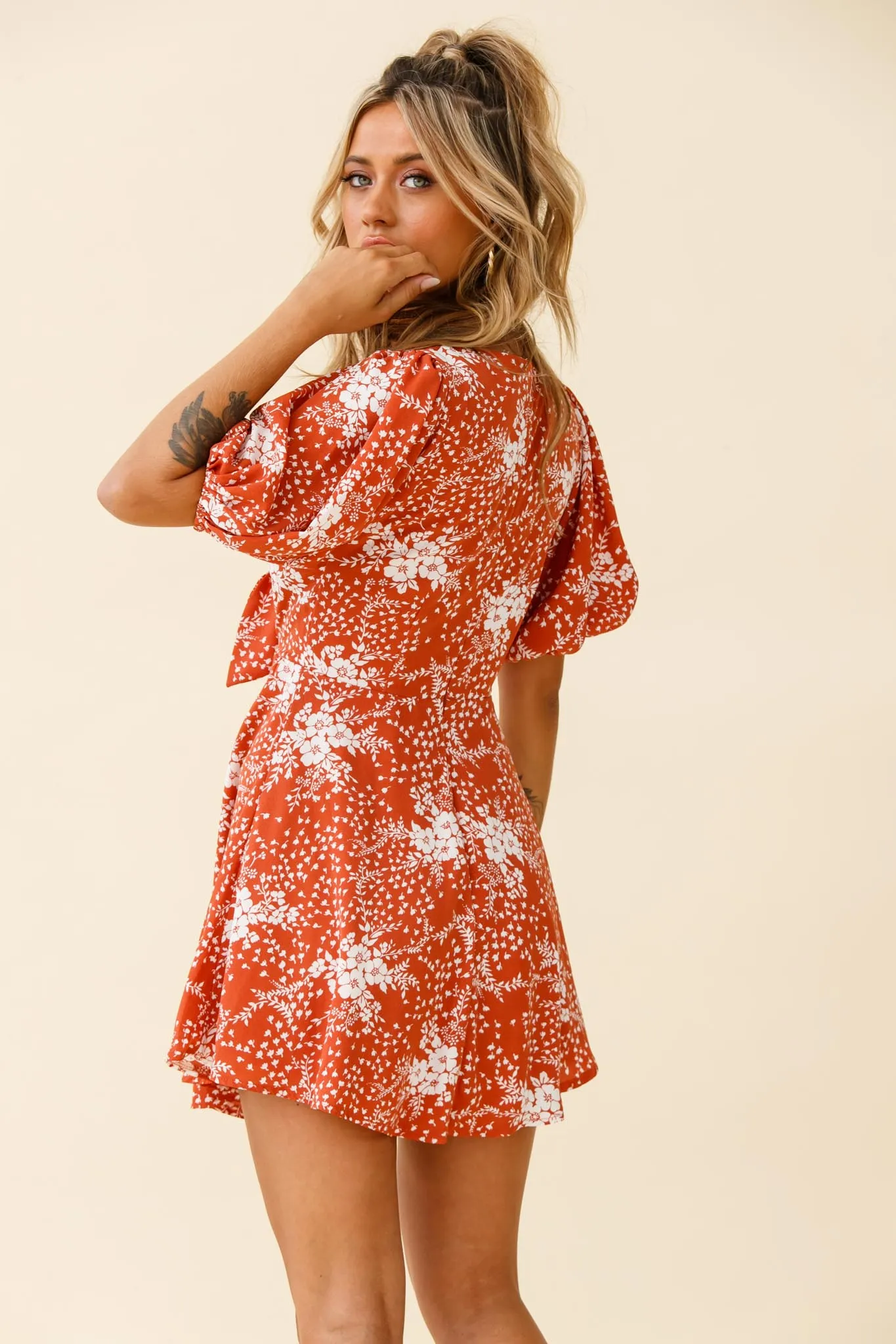 Portia Tied Bust Puff Sleeve Dress Flower Pattern Rust