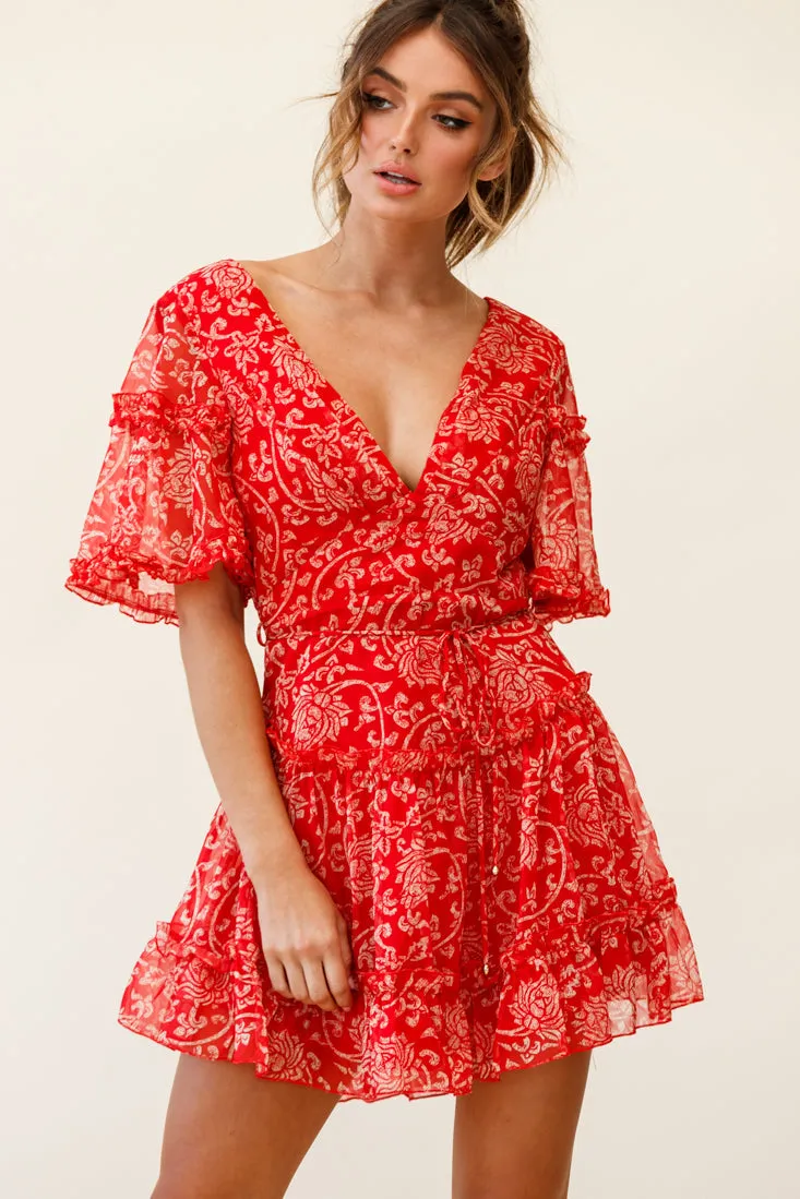 Psalm Angel Sleeve Frill Dress Floral Stencil Print Red