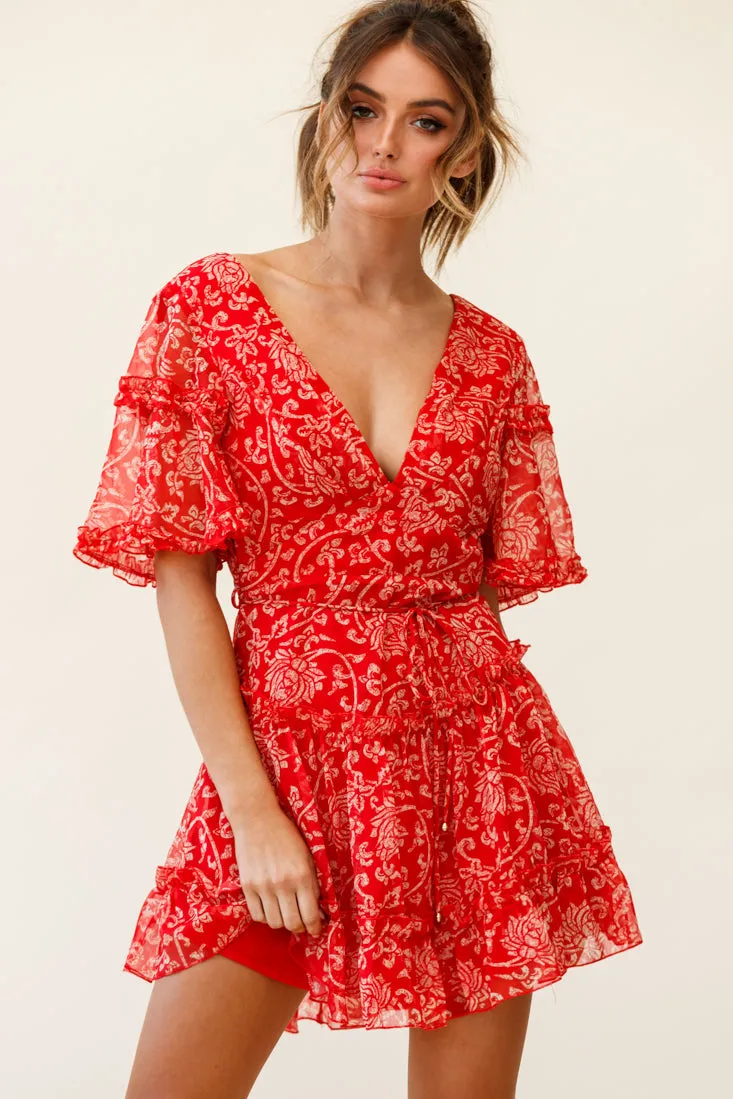 Psalm Angel Sleeve Frill Dress Floral Stencil Print Red