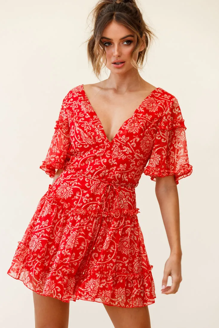 Psalm Angel Sleeve Frill Dress Floral Stencil Print Red