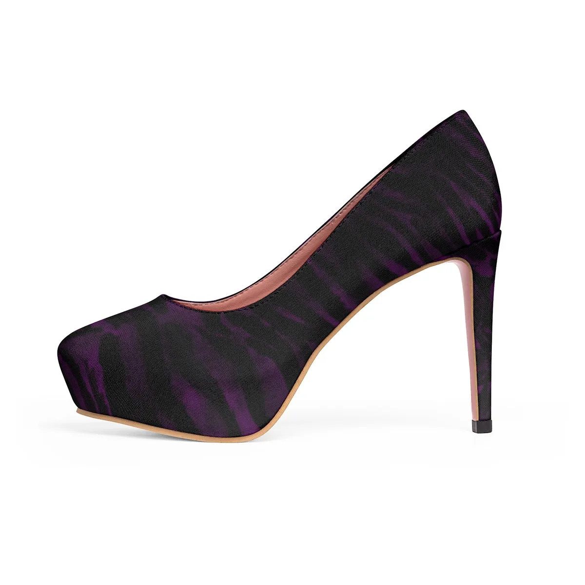 Purple Tiger Stripe High Heels, Animal Print Women's 4"  Designer Stilettos Platform Heels