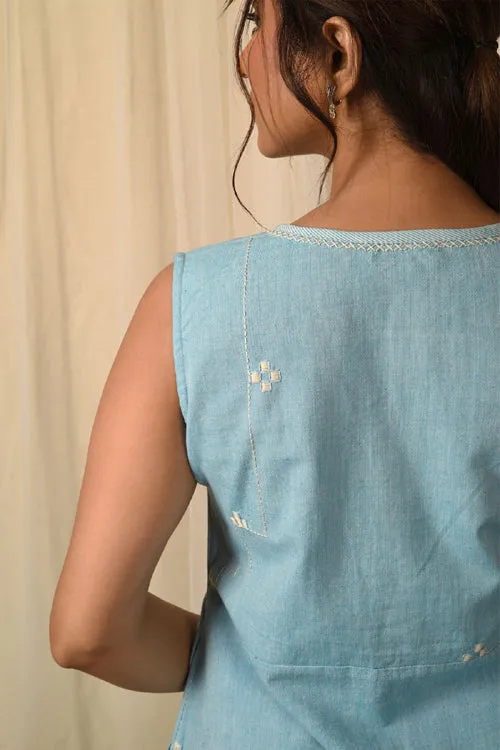 Rangsutra Baori Blue Hand Embroidered V Neck Sleeveless Dress