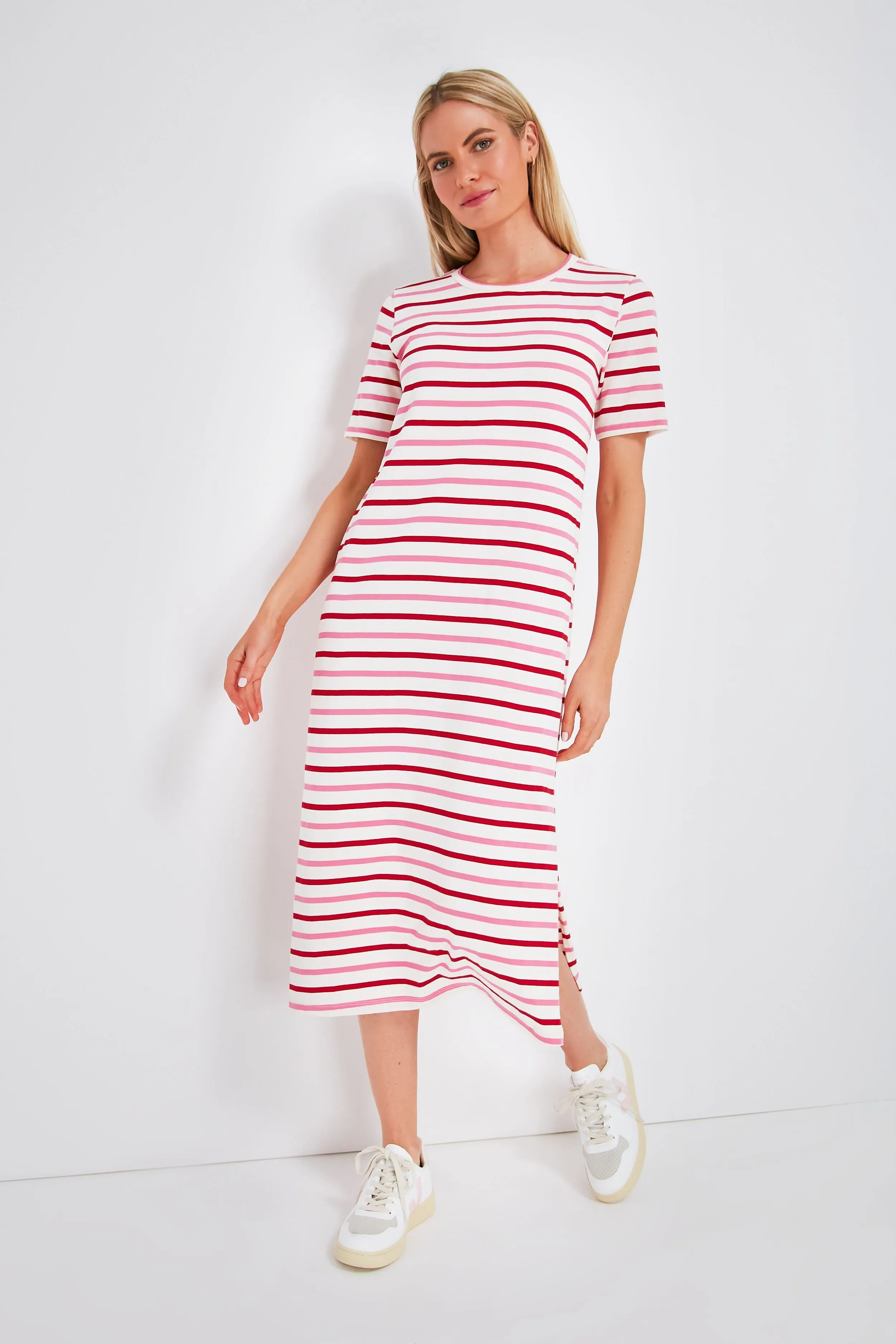 Red and Pink Stripe Short Sleeve Gio Maxi Dress