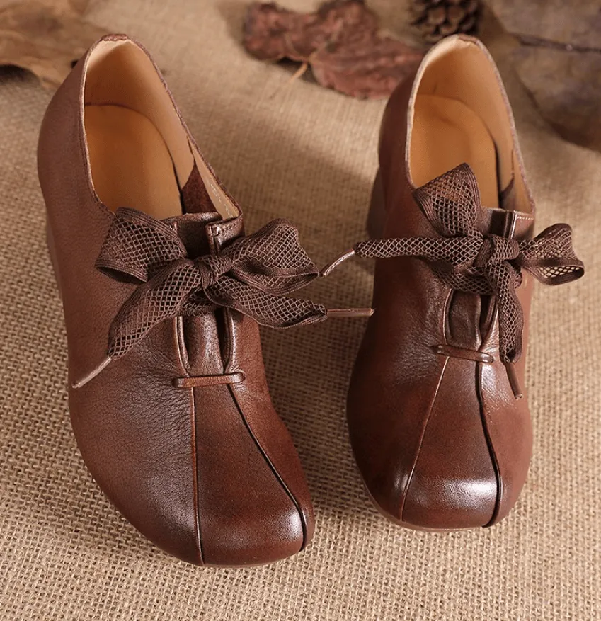 Retro Leather Shoes Handmade Square Toe Chunky Heel For Women Brown/Black