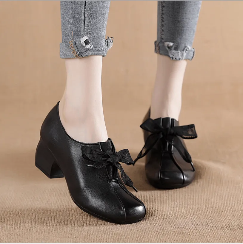 Retro Leather Shoes Handmade Square Toe Chunky Heel For Women Brown/Black