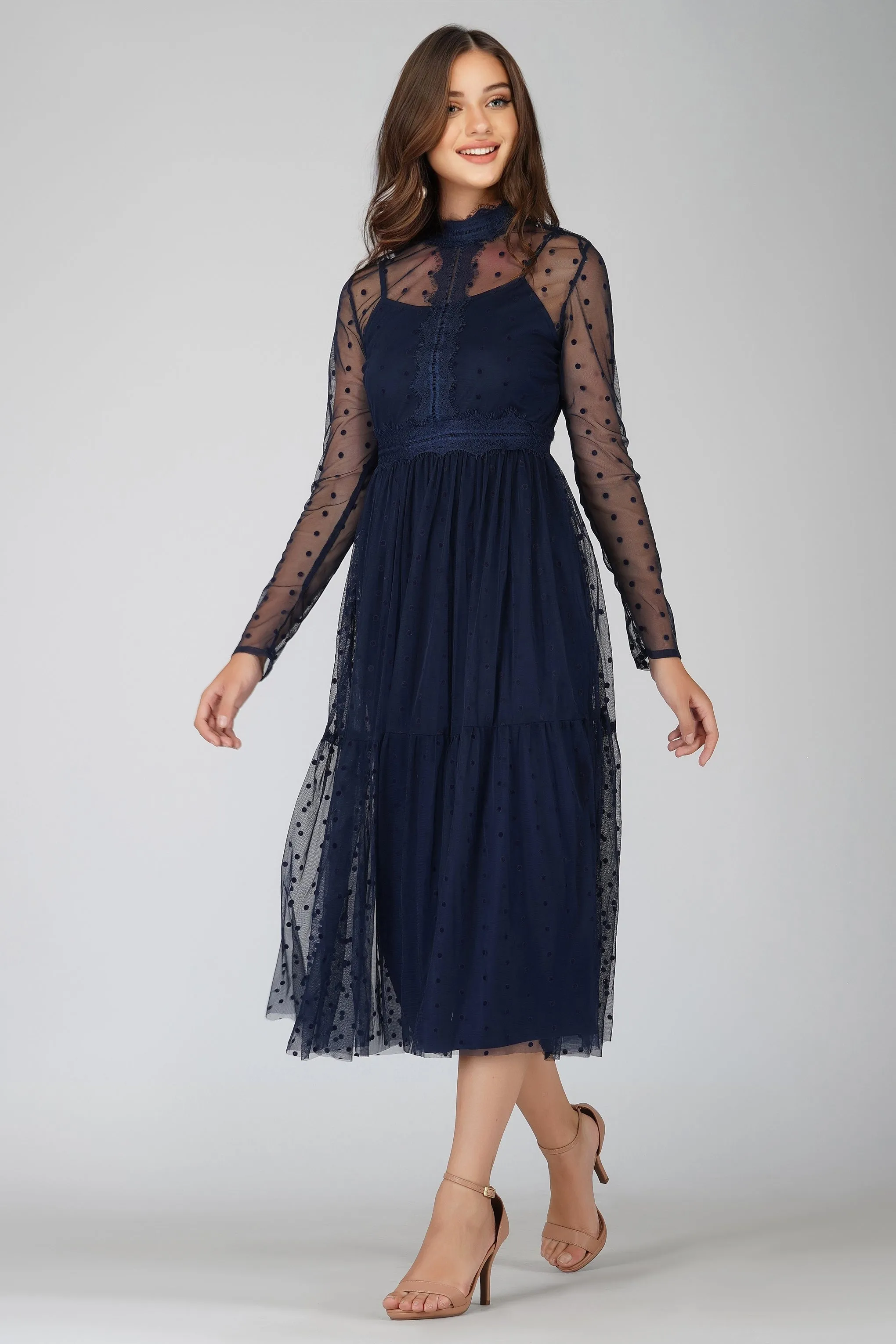 Roman Lola Polka Dot Midi Dress in Navy Blue