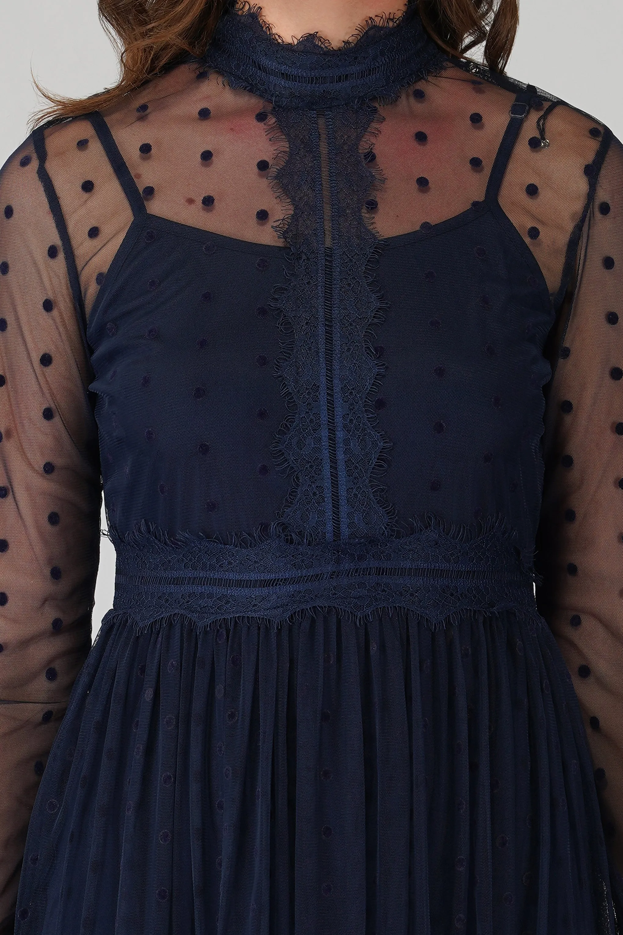 Roman Lola Polka Dot Midi Dress in Navy Blue