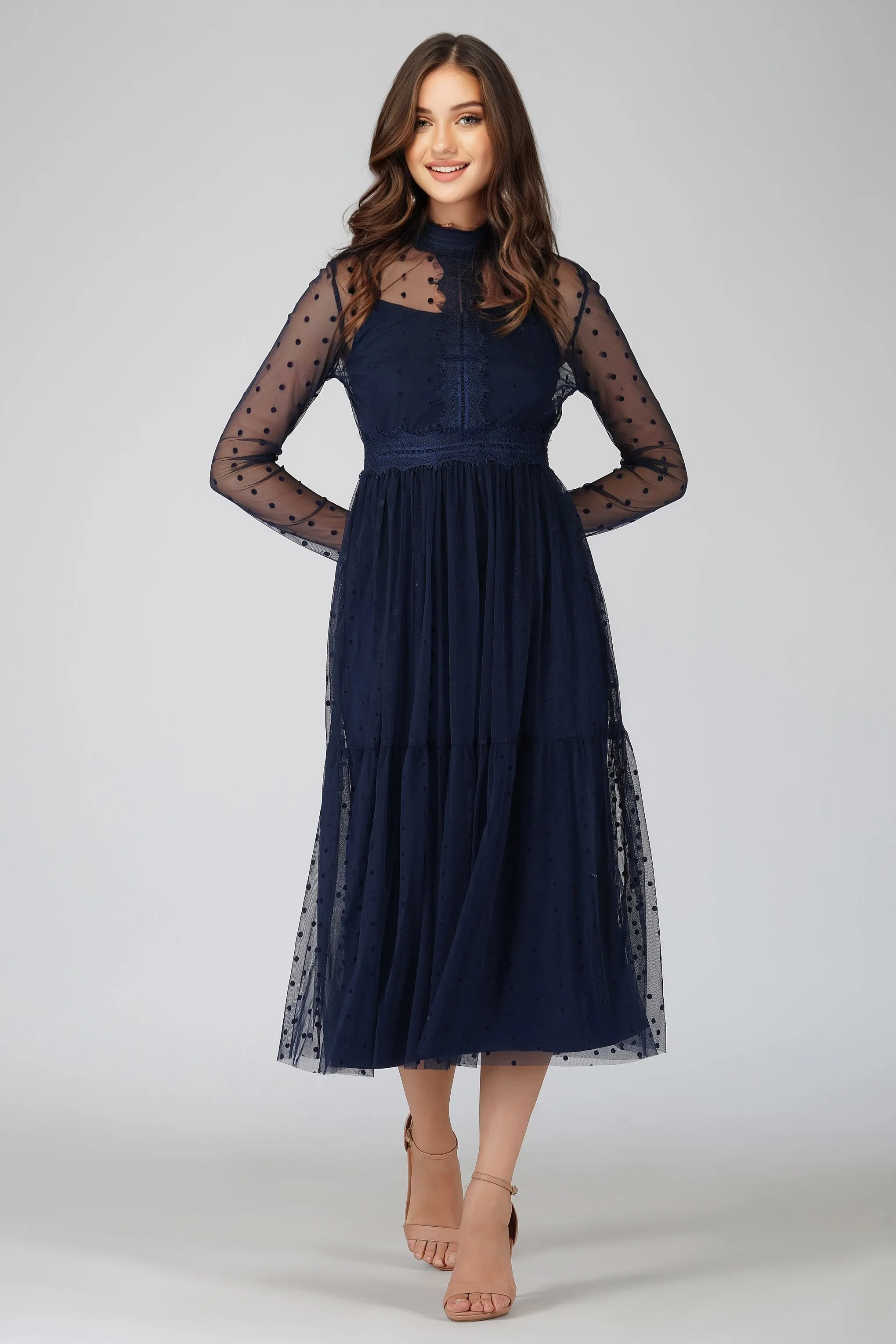 Roman Lola Polka Dot Midi Dress in Navy Blue