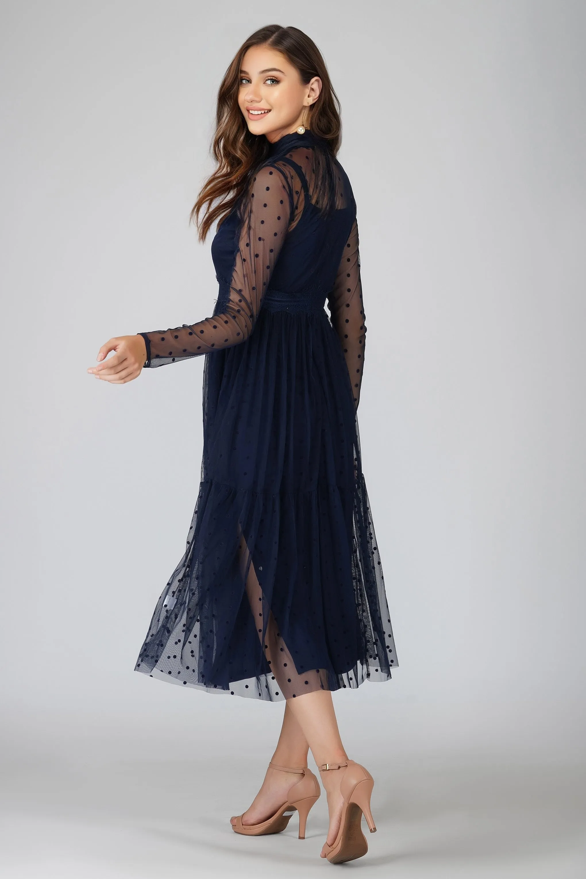 Roman Lola Polka Dot Midi Dress in Navy Blue