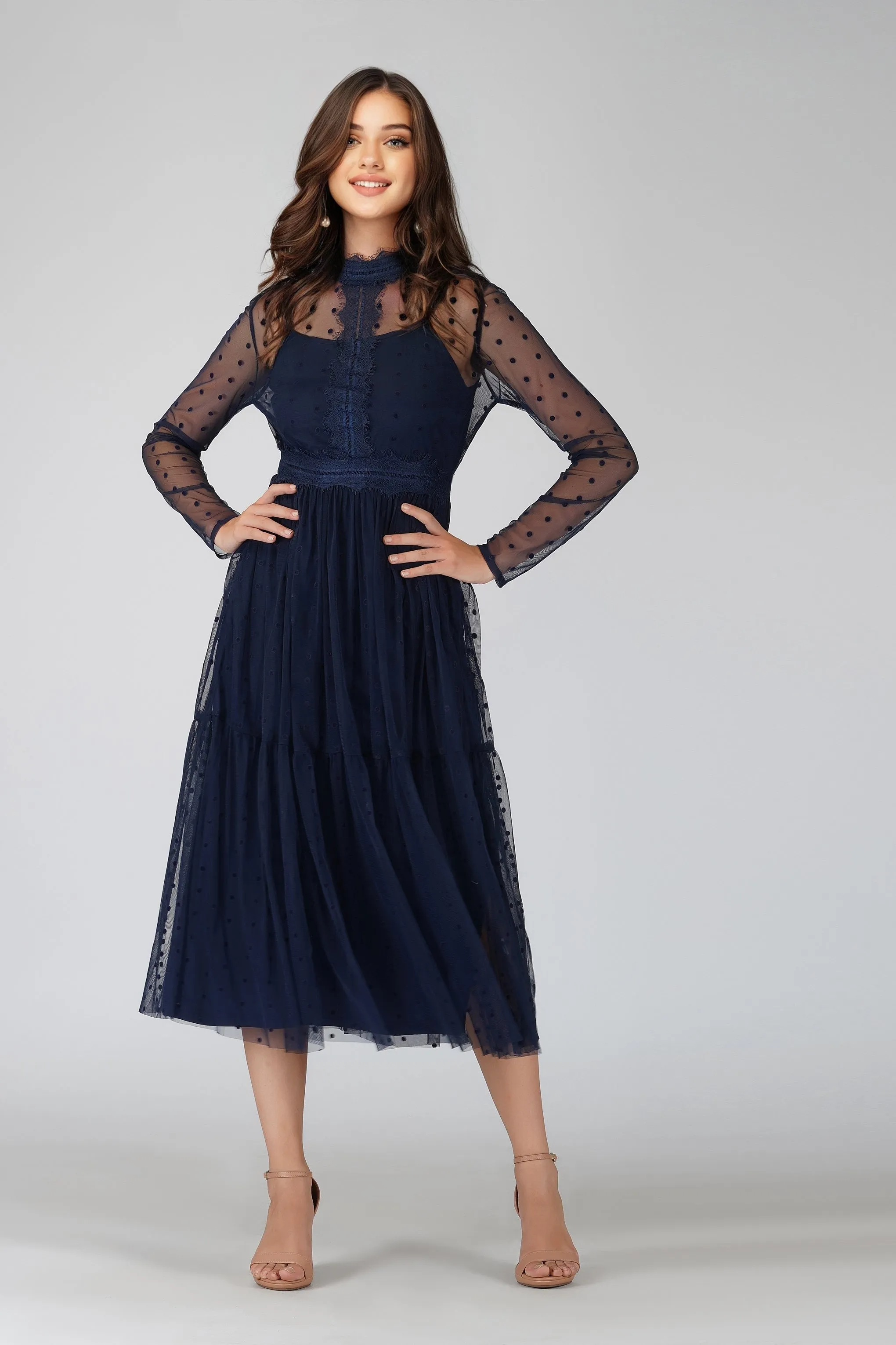 Roman Lola Polka Dot Midi Dress in Navy Blue