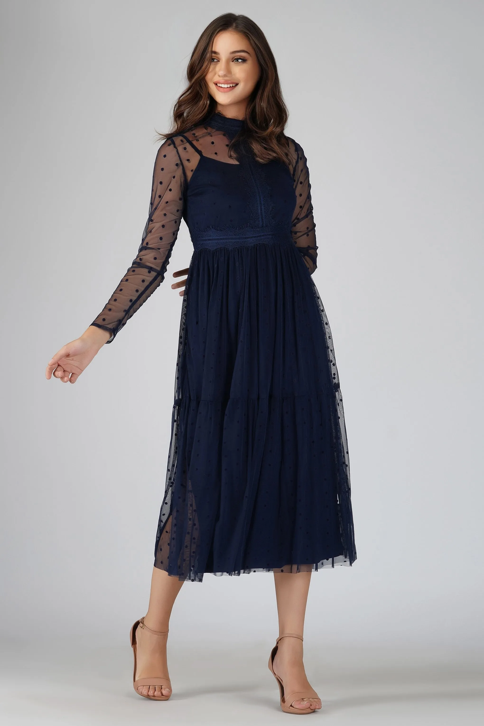 Roman Lola Polka Dot Midi Dress in Navy Blue