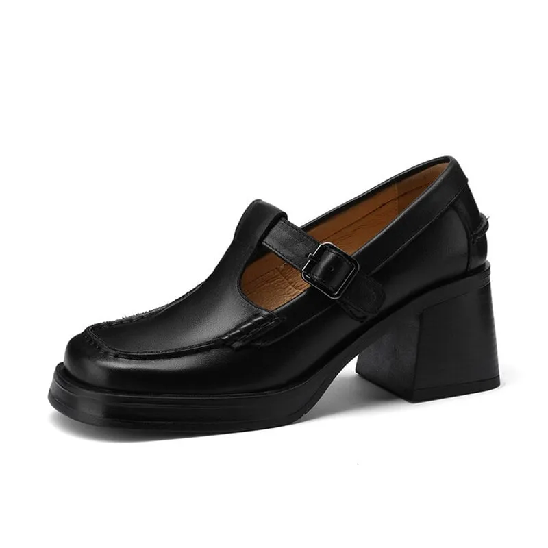 Round Toe T Strap Mary Jane Shoes 70mm Block Heel in Black/Brown