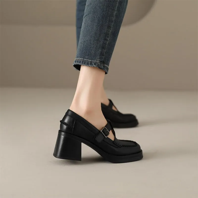 Round Toe T Strap Mary Jane Shoes 70mm Block Heel in Black/Brown