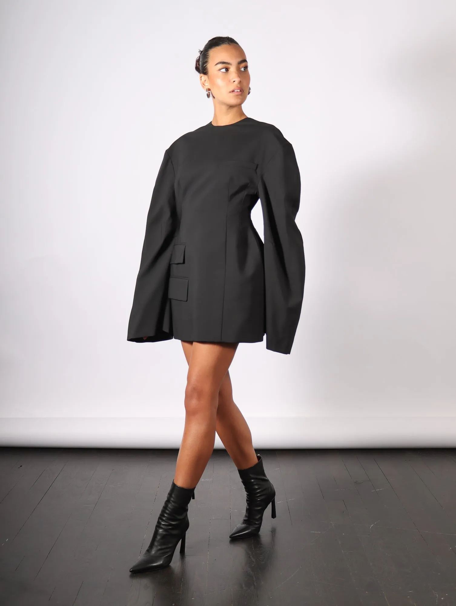 Rounded Sleeve Tailored Mini Dress in Black by A.W.A.K.E. Mode