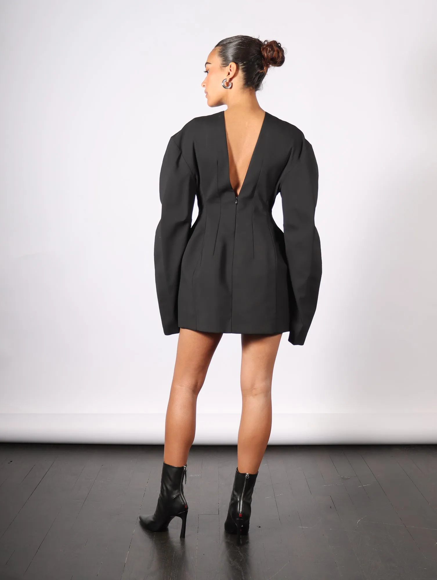 Rounded Sleeve Tailored Mini Dress in Black by A.W.A.K.E. Mode