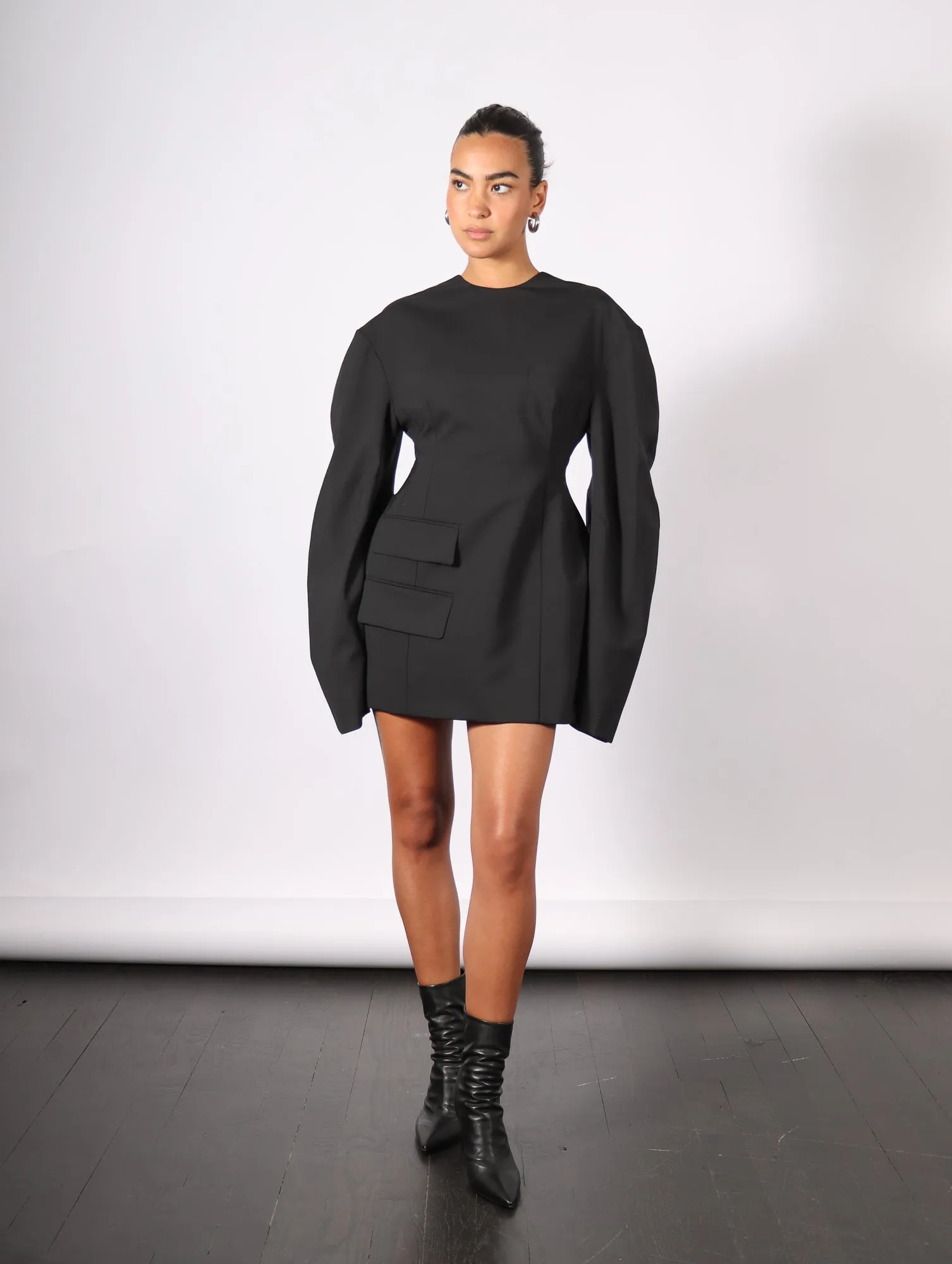 Rounded Sleeve Tailored Mini Dress in Black by A.W.A.K.E. Mode