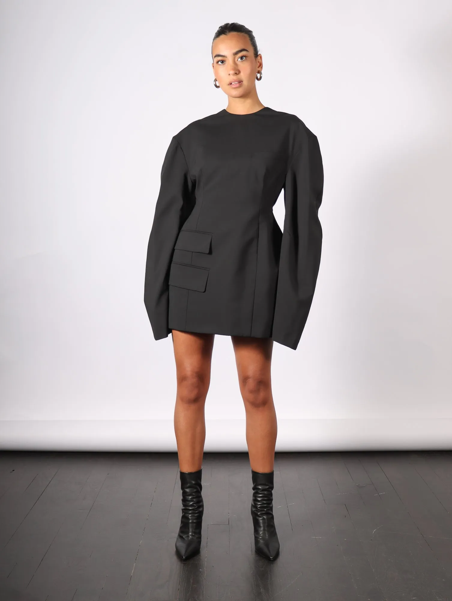 Rounded Sleeve Tailored Mini Dress in Black by A.W.A.K.E. Mode