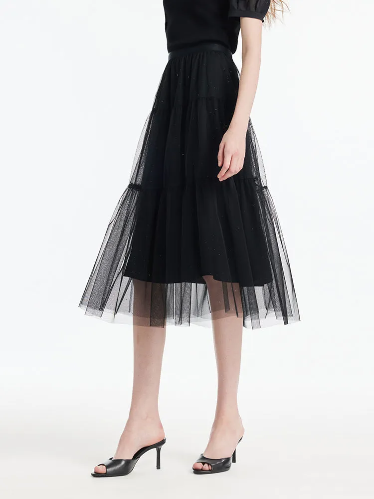 Sequins Tulle Tiered Women Half Skirt